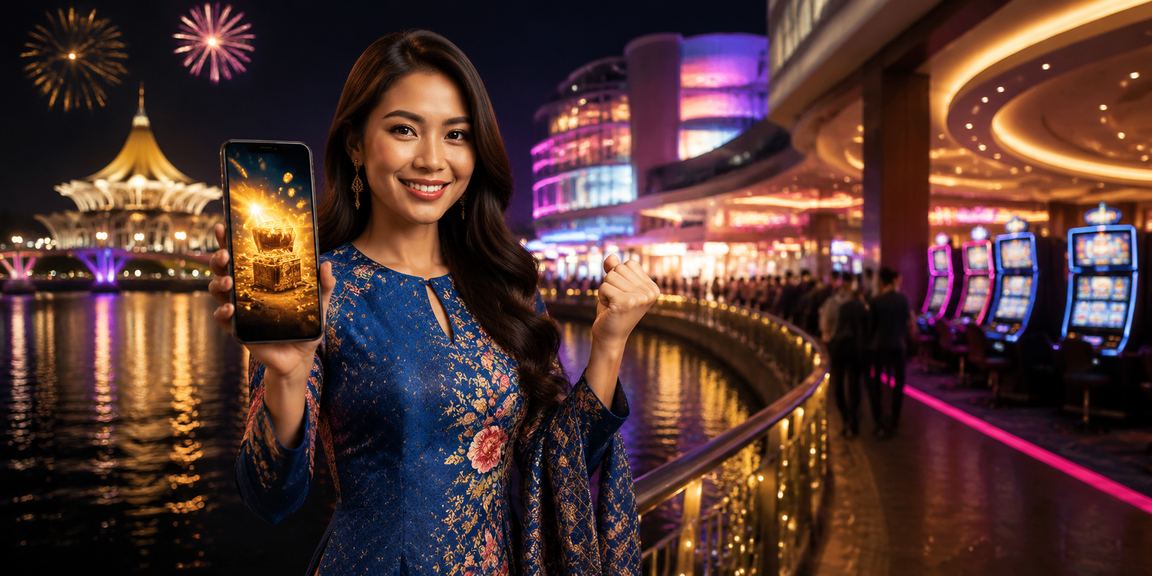 Wanita berbaju kurung di Kuching menggunakan aplikasi mudah alih kasino bsp21 dengan selesa